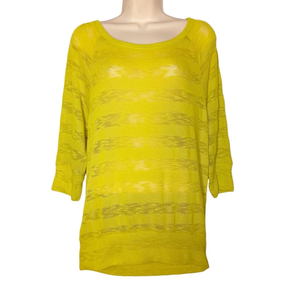 FANG Hot Lemon Lime Yellow Stripe Print Lightweight Knit Top Large